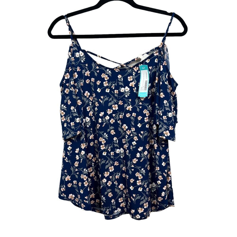 Kaileigh Valette Top Blouse Cold Shoulder Floral Navy Pink Stretch Women Sz LP*